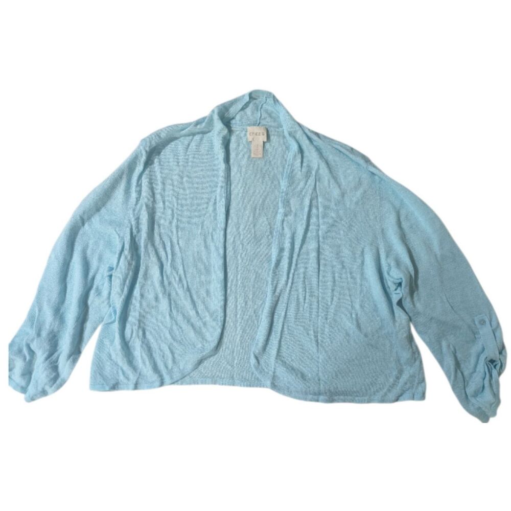 Chico's Women's Cardigan Size 3 Light Blue Open Front Roll-Tab Sleeve